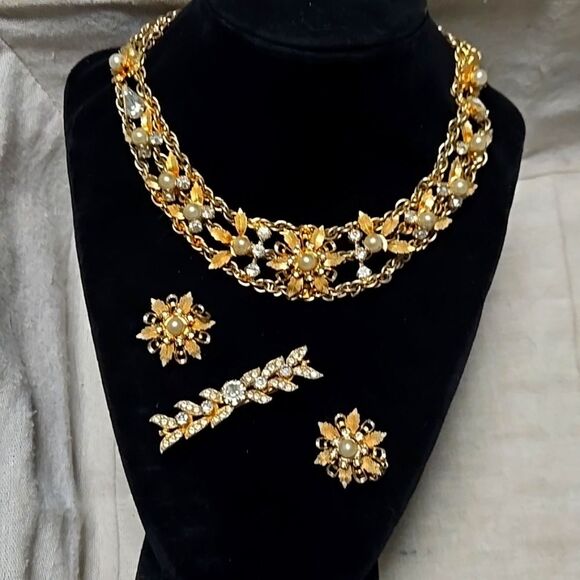 Vintage MCM Gold Crystal Pearl 50's Haskell Era Necklace 3P Set Parure